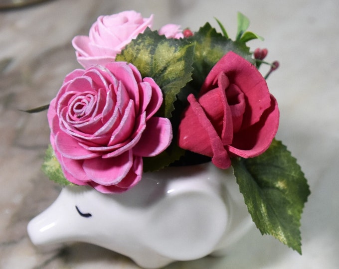 Cute small baby elephant planter with three Sola wood roses - great gift! Bright and cheery-Spring, Easter