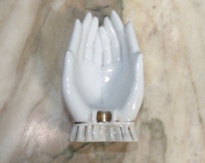 Small antique collectable early 1900s Made in Japan porcelain hands trinket holder or ornament white with gold - from a New England Estate