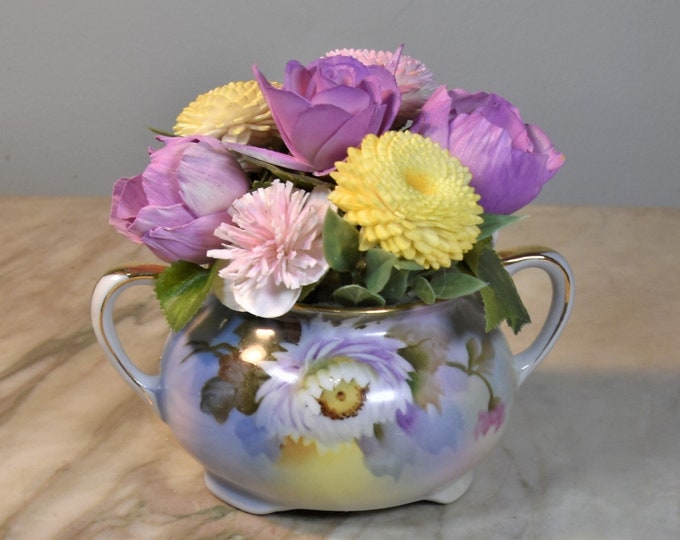 Beautiful antique hand painted 1918 Nortake orphaned (no lid) sugarbowl with arrangement of color coordinated airbrushed Sola wood flowers