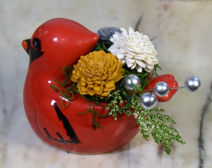 Small ceramic cardinal planter filled with sparkling Sola wood flowers and fillers, Thanksgiving, Christmas, hostess, teacher gift