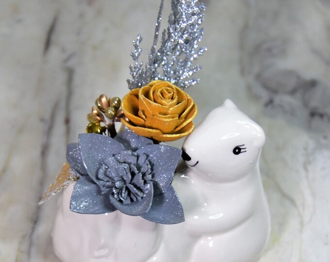 Sparkling silver and gold! Small ceramic polar bear planter filled Sola wood flowers and festive fillers, hostess, teacher gift