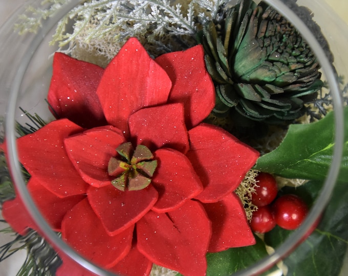 Sola Wood Poinsettia and Pine cone Holiday Floral Arrangement in Clear Glass Bubble Vase
