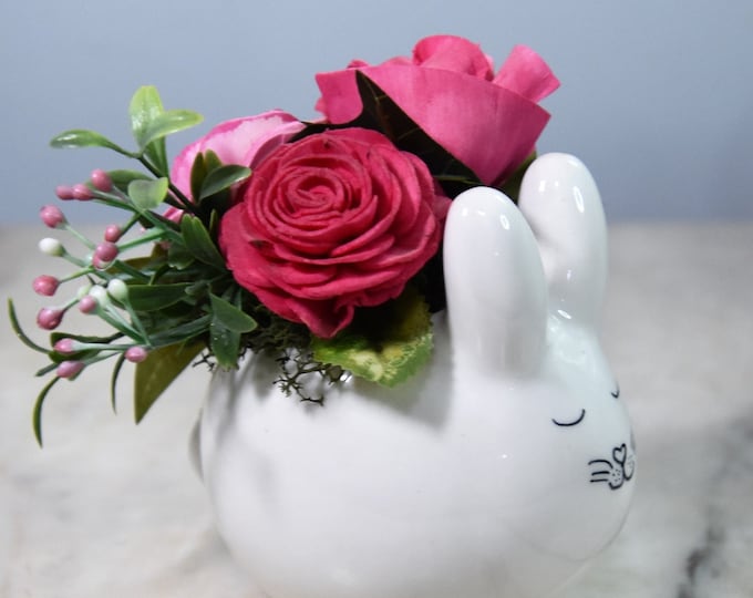 Cute small bunny rabbit planter with three Sola wood roses-great gift or pop of color decoration