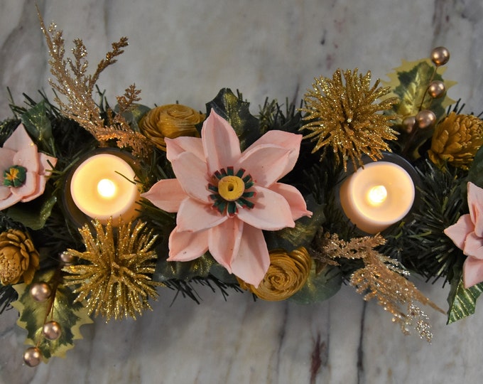 Festive Centerpiece! Galvanized metal tray with salmon pink sustainable Sola wood poinsettias and flickering votive candles
