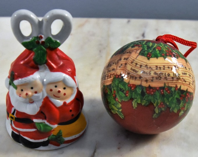Santa and Mrs. Clause Porcelain bell and music sheet ball ornament - from a New England estate