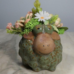 Adorable ceramic sheep planter filled with hand painted Sola wood succulents-long lasting sustainable succulent arrangement