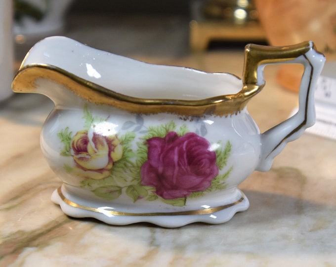 Dainty elegant vintage mini creamer English yellow and pink rose pattern with brush gold trim EUC! From a New England Estate