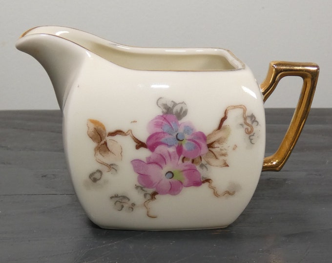 Small square antique floral creamer/pitcher with hand painted or transfer exquisite details. Stamped Japan - before occupation 1930-1945