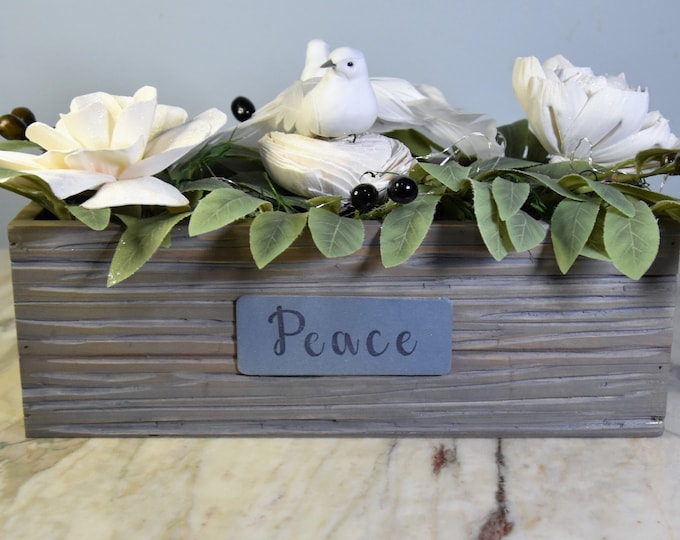 Centerpiece- white doves on olive branches and sparkling white flowers with fairy lights in 12" hand-carved wood box