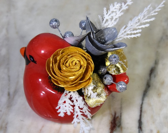 Small ceramic cardinal planter filled with sparkling Sola wood flowers and fillers, Thanksgiving, Christmas, hostess, teacher gift