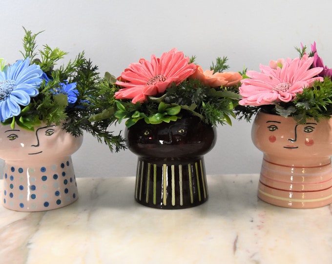 People Planters (3 1/2") each filled with Sola wood daisies -PRICE PER PLANTER- no watering needed!