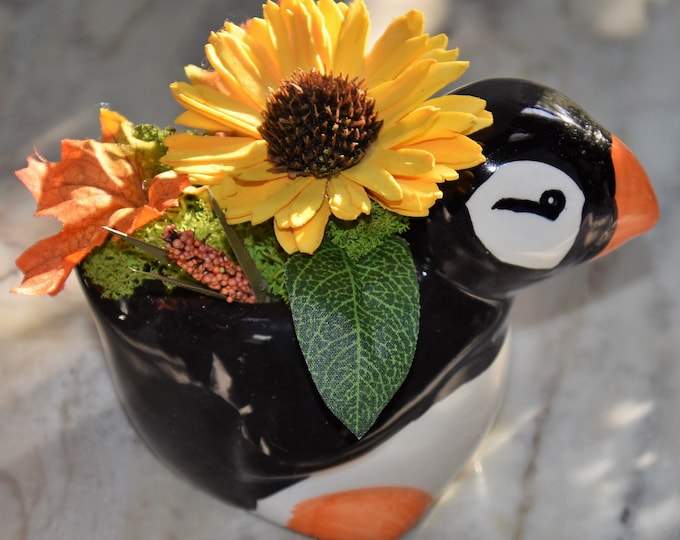 CUTE! Small ceramic penguin planter filled with Sola wood sunflower and fillers, fall, Thanksgiving, hostess, teacher gift