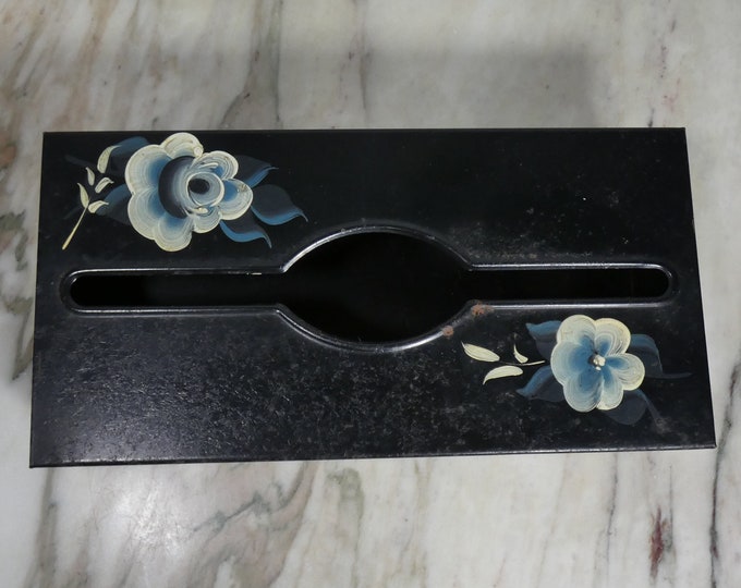 Wolff Vintage 1950s Tole Metal Painted Tissue Box Wall Mount Option Black with Painted Flowers - from a England Estate