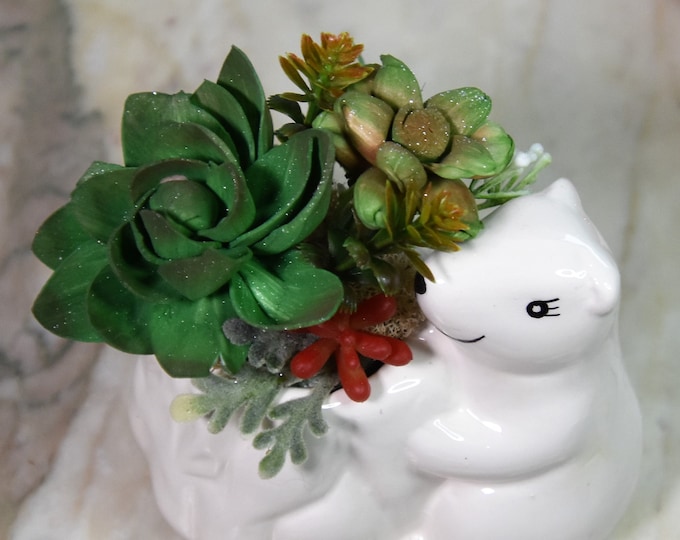Small polar bear planter filled with dyed and hand-painted Sola wood succulents- touch of sparkle, Christmas, Holiday, hostess, teacher gift