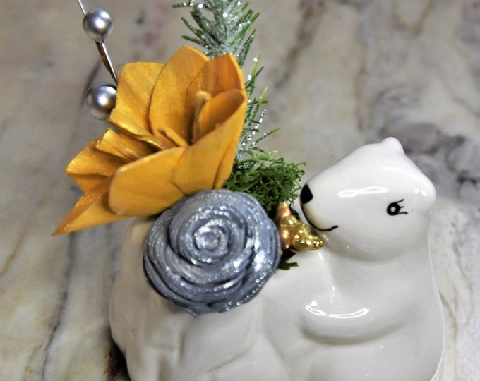 Sparkling silver and gold! Small ceramic polar bear planter filled Sola wood flowers and festive fillers, hostess, teacher gift