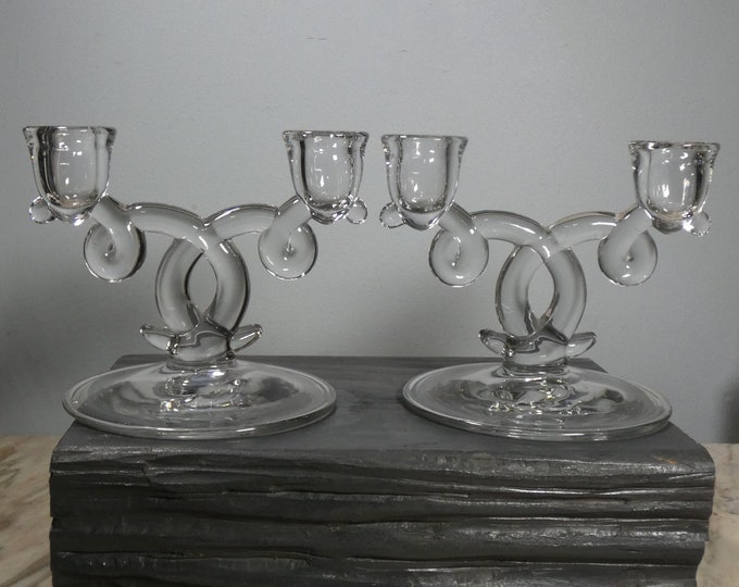 Elegant Heisey Lariat Hand-blown Pair of Double Candlestick Candle Holders Depression Glass from a New England Estate