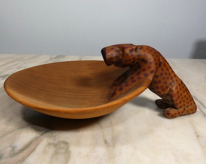 Kenya Hand-carved Wood Cheetah Drinking from Bowl - from a New England Estate