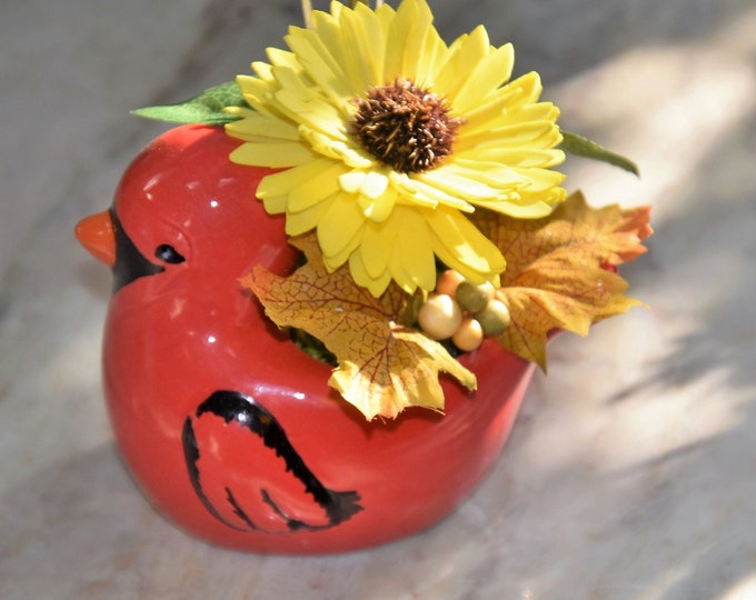 Adorable small ceramic cardinal planter filled with Sola wood sunflower and fillers, fall, Thanksgiving, send to a friend!