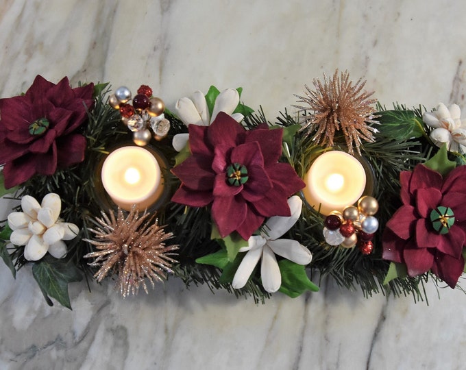 Festive! 13" galvanized metal tray centerpiece with sustainable burgundy Sola wood poinsettias & flickering battery LED votive candles