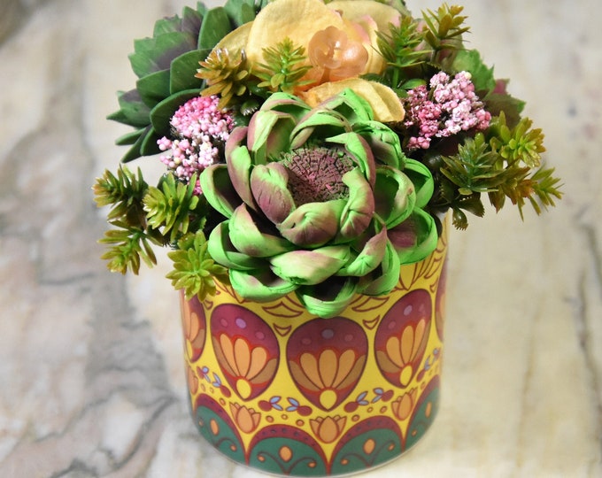 Colorful mosaic tile style planter filled with hand painted Sola wood succulents-long lasting sustainable succulent arrangement