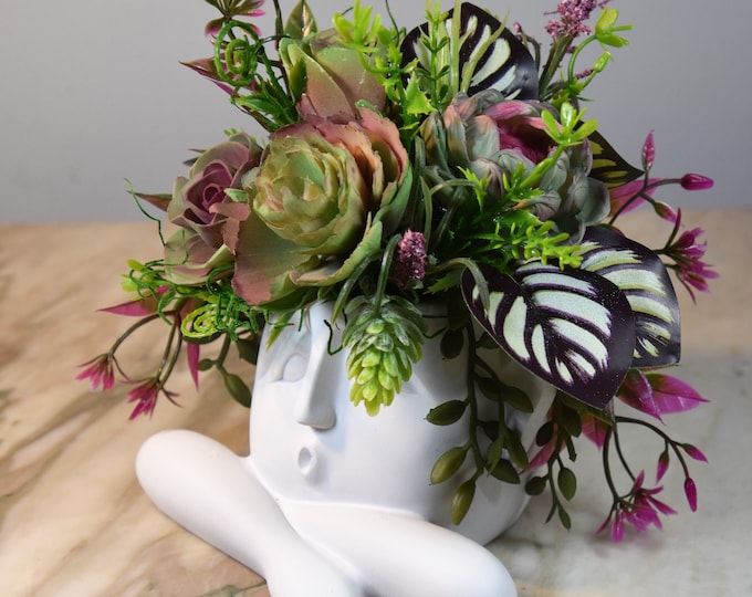 Fun cartoonish caricature head planter with airbrushed Sola succulents that never need watering!
