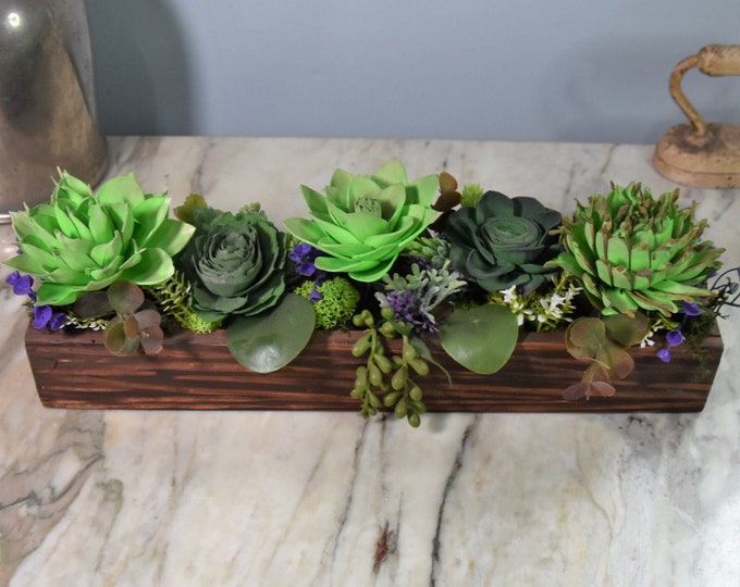 UNIQUE 14 inch long hand carved wood planter box filled with hand-painted and airbrushed Sola wood succulents, centerpiece, great gift!