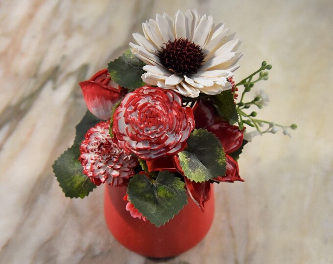 Small Bright Pop of Color, red and white hand-painted details, sustainable Sola wood flowers in upcycled yogurt jar