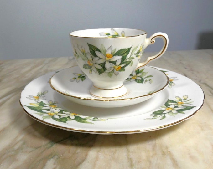 Vintage 1940s Hard to Find- Tuscan Fine Bone China "Bridal Flowers" Orange Blossom Teacup, Saucer and Salad Plate -From a New England Estate