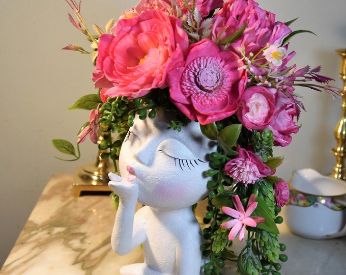 Blowing kisses, beautiful floral display!  Peaceful woman planter/vase with Sola wood flowers dyed and airbrushed with faux succulents