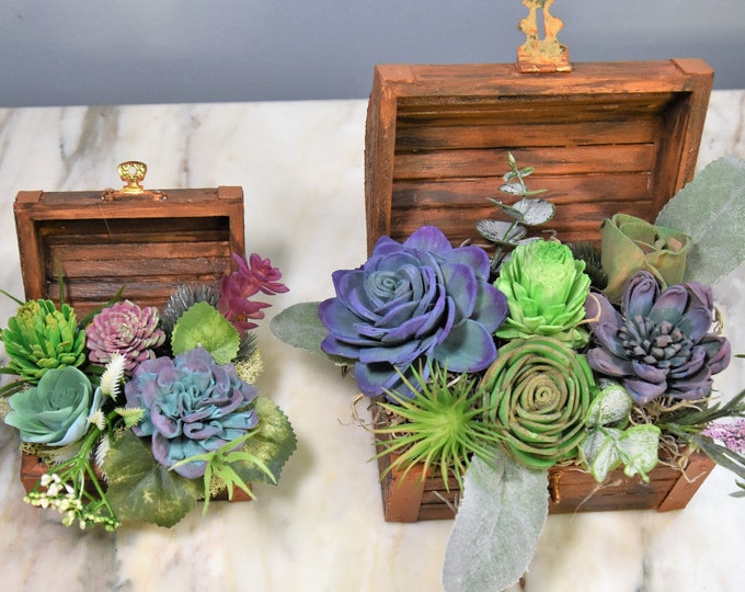 Set of 2 small hand painted wood trunk-treasure chest filled with sustainable hand painted Sola wood succulents, no watering needed