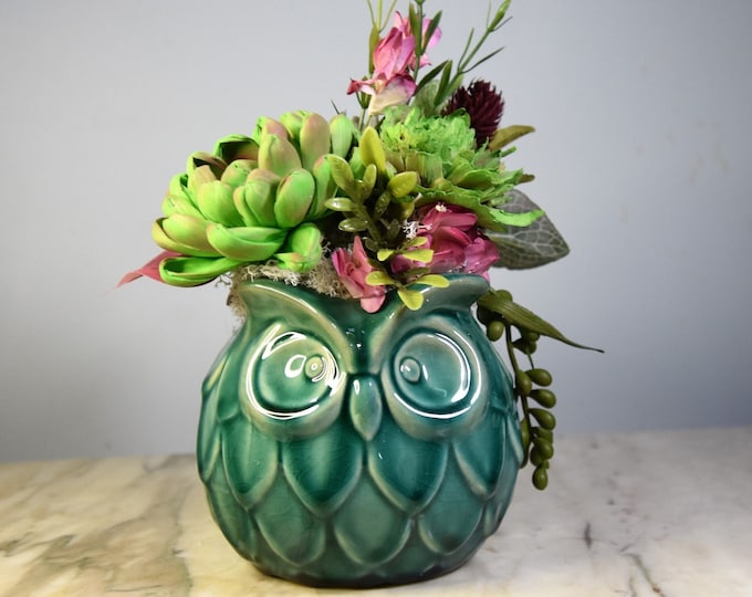 Wise Owl! 4 inch ceramic aqua owl planter filled with hand painted Sola wood succulents  - great gift!