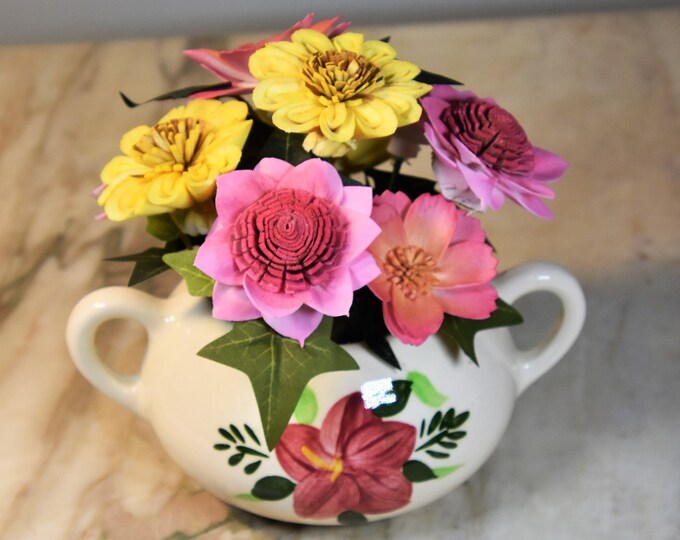 Cheerful arrangement of airbrushed Sola wood flowers in a vintage MCM Stangl "Country Garden" orphaned sugar bowl (no lid)