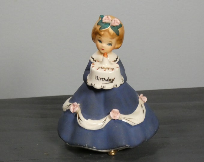 Beautiful! Shafford Japan 1950s-60s Figurine Girl in Navy Dress with Birthday Cake - from a New England Estate