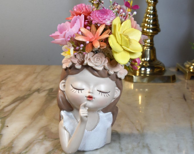Small peaceful cute girl planter with flowers in her long hair  filled with Sola wood airbrushed flowers and fillers, hostess, teacher