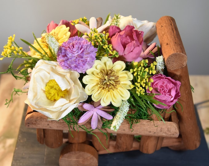 Bright cheerful garden arrangement of hand-painted and airbrushed Sola wood flowers in a wood garden cart-wheelbarrow, brighten any space