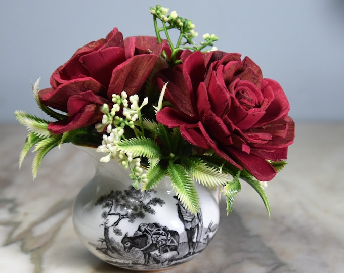 Pretty little vintage 2 1/2" porcelain Royal Chelsea farm scene creamer filled with arrangement of airbrushed Sola wood roses - raw and bark