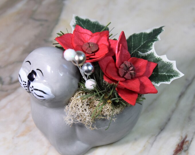 Adorable small ceramic walrus planter with Sola wood sparkling flowers for the holidays, Thanksgiving, Christmas, hostess, teacher gift