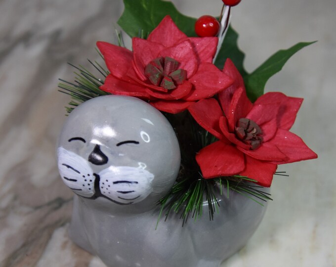 Adorable small ceramic walrus planter with Sola wood sparkling flowers for the holidays, Thanksgiving, Christmas, hostess, teacher gift