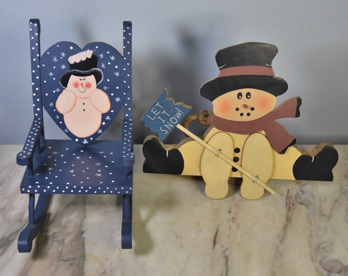 Vintage painted wooden heart with snowman rocking chair decoration and snowman "Let it Snow!" painted wood wall hanging