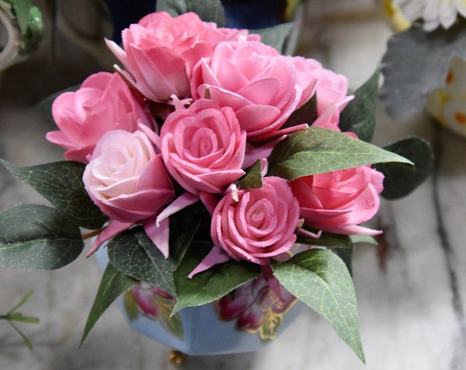 Beautiful antique square single handle footed sugar bowl with arrangement of Sola wood airbrushed roses