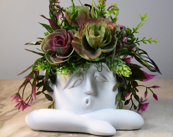 Fun cartoonish caricature head planter with airbrushed Sola succulents that never need watering!