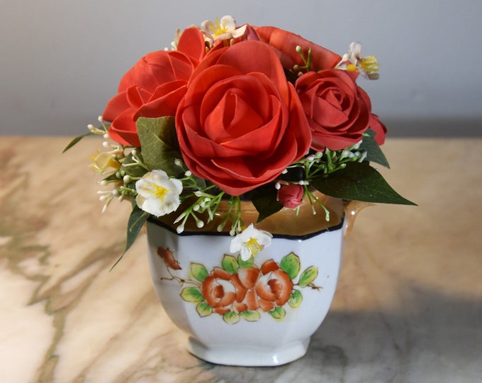 Vintage lusterware 1940-50's hand painted in Japan sugarbowl with arrangement of coordinated bright cheery Sola wood flowers, spring, Easter