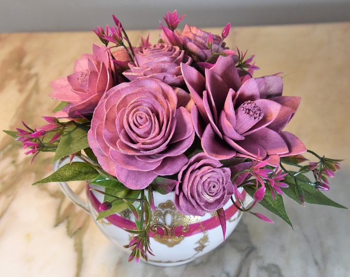 Elegant Rose Gold Dyed and Airbrushed Sola Wood Flowers bursting from a Mikado extra bone china vintage (or antique) sugar bowl