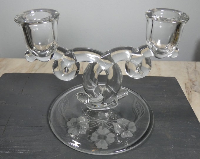 Heisey Lariat Hand-blown and Etched (rare) Double Candlestick Candle Holder