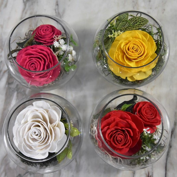 Pretty, unique, sustainable Sola wood roses in a bubble vase, many colors to choose from- perfect gift or brighten any corner of your house