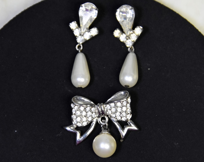 Festive sparkling vintage jewelry, silver tone pearl and crystal drop earrings and bow brooch pin- from a New England estate