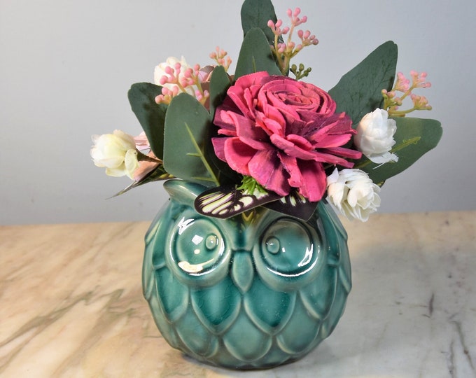 Wise Owl with Pretty Wood Flowers! 4 inch Aqua ceramic owl planter with sustainable Sola wood bark rose arrangement