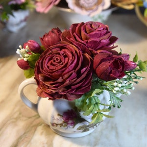 Pretty little vintage porcelain mini &quot;moss rose&quot; sugar bowl with arrangement of airbrushed and hand-painted Sola wood roses and buds