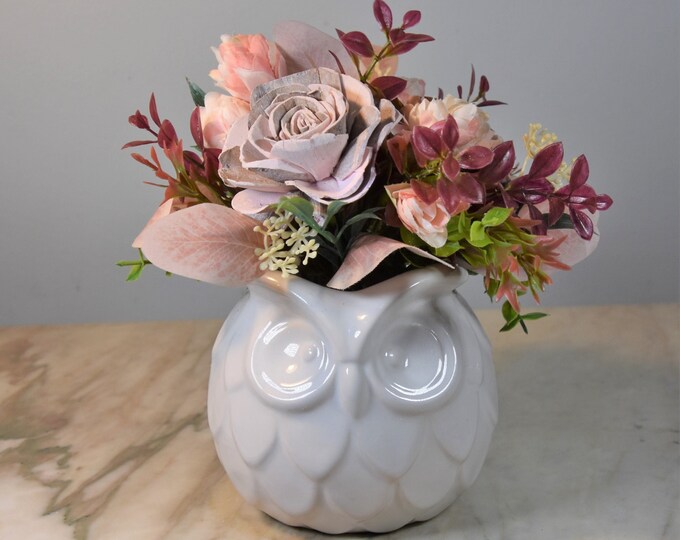 Wise Owl! 4 inch white ceramic owl planter with Sola wood bark rose arrangement
