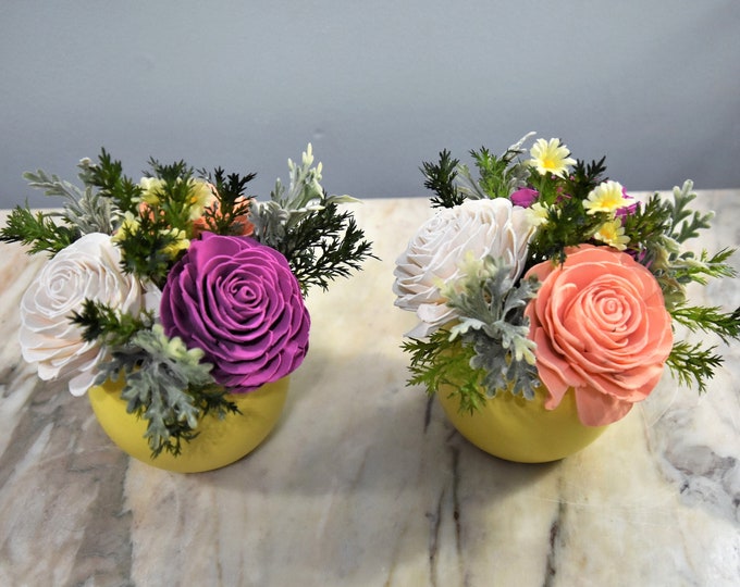 Three pretty pastel peach, white and dark orchid pink Sola wood roses in a painted pastel yellow bubble vase/ rose bowl